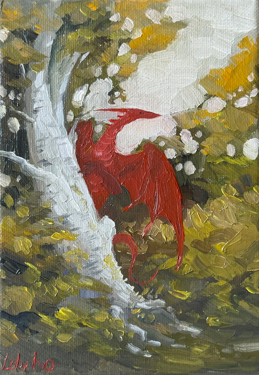 “Peeping Red”, original 5x7” oil painting