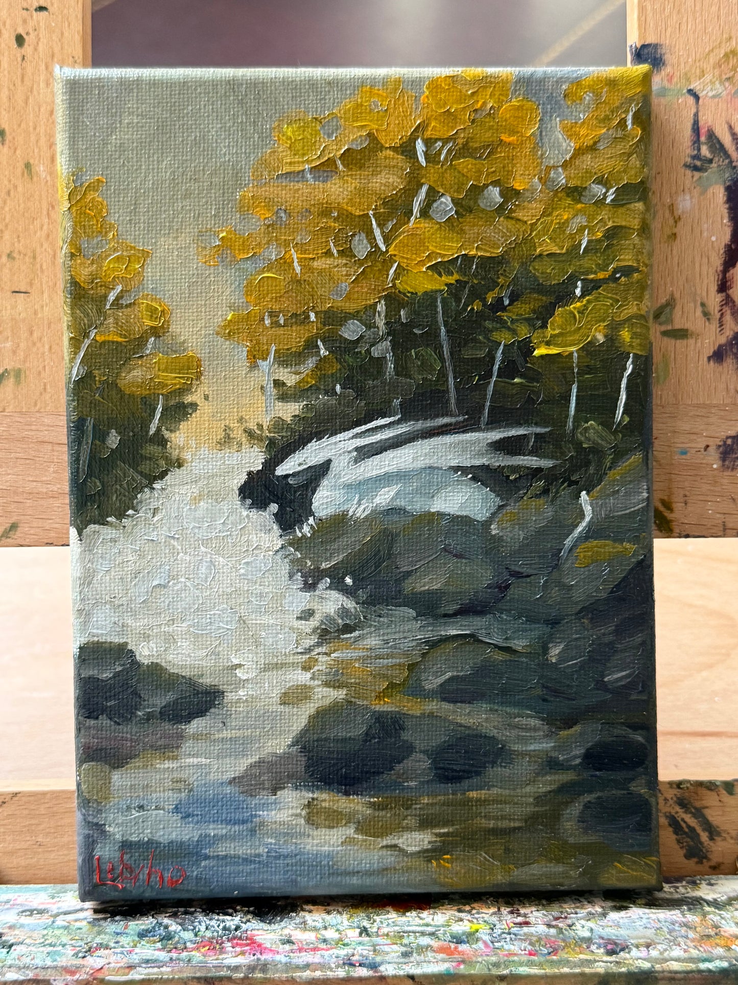 “Birch Stream”, 5x7” Oil Original