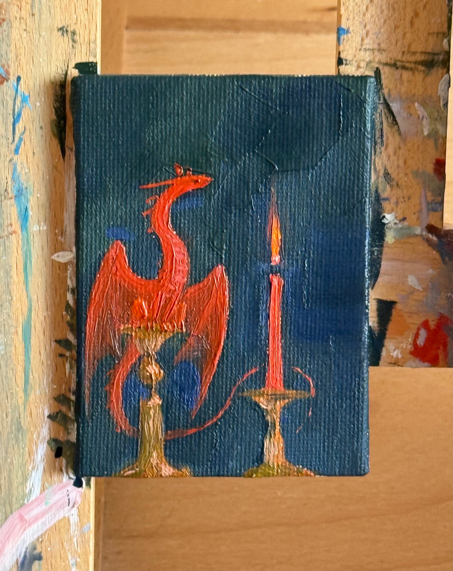 “Red Wrapped Candle” FRAMED 2.5x3.5” oil original