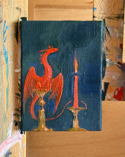 “Red Wrapped Candle” FRAMED 2.5x3.5” oil original