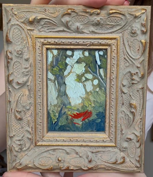 “Treeline Napper” FRAMED 2.5x3.5” oil original