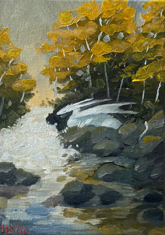 “Birch Stream”, 5x7” Oil Original