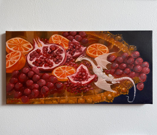 “Fruits with a Friend (Felicia)”, 7.9x15.75” oil original