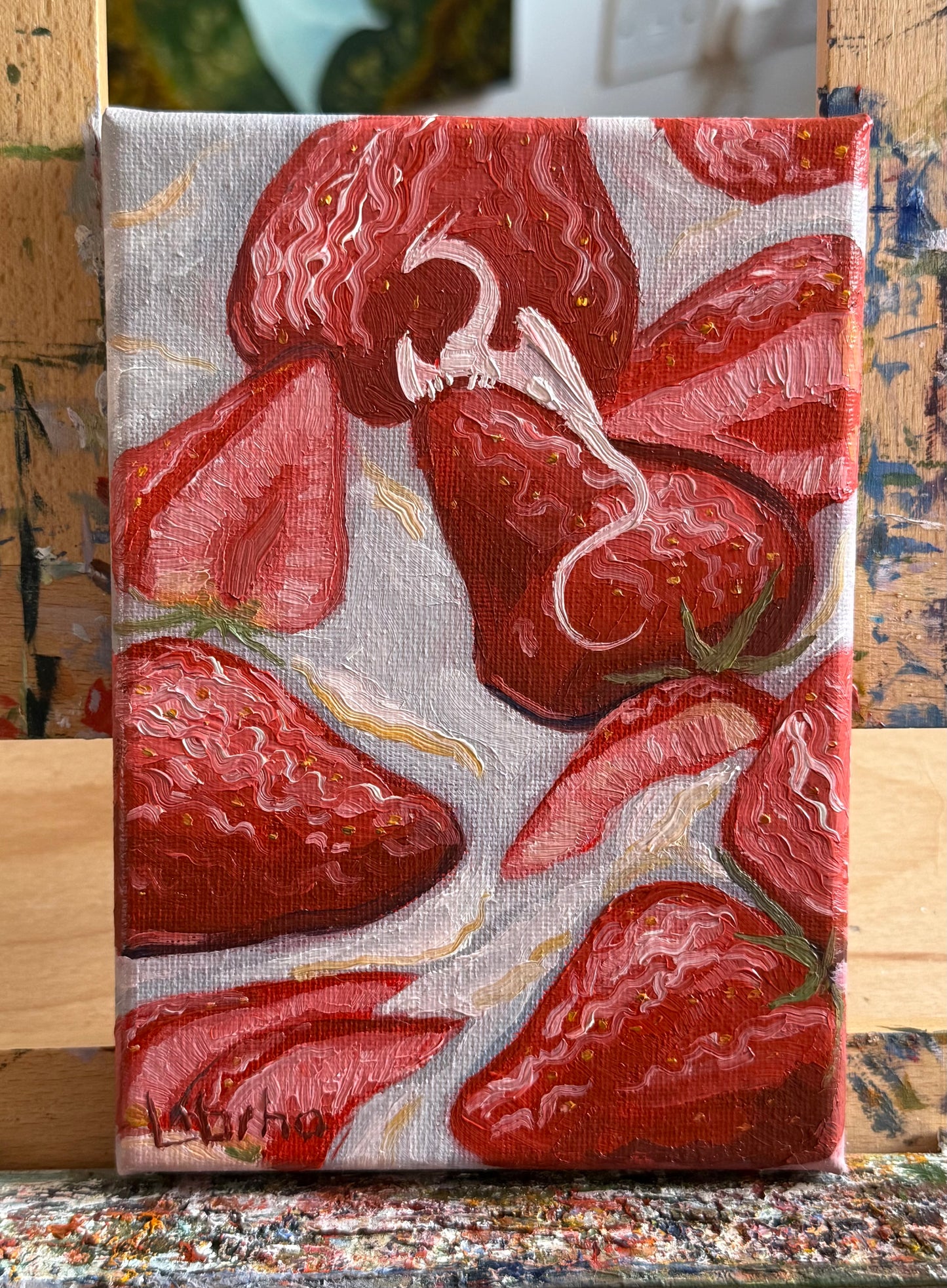 “Strawberries and Cream”, 5x7” oil original