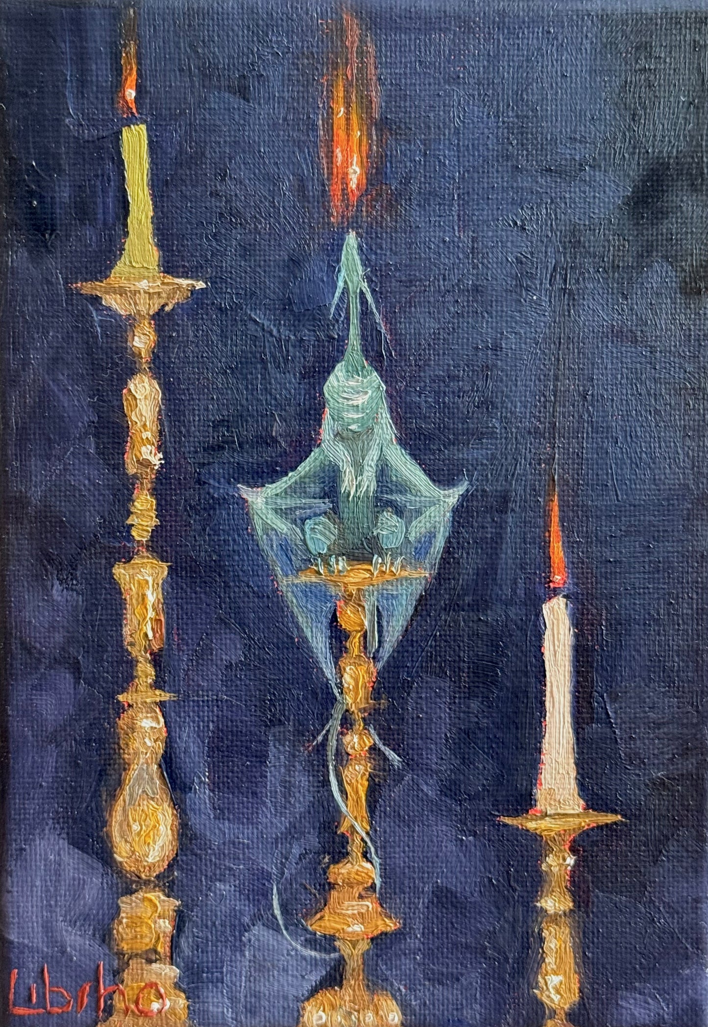 “Little Candle Blower”, 5x7” oil original