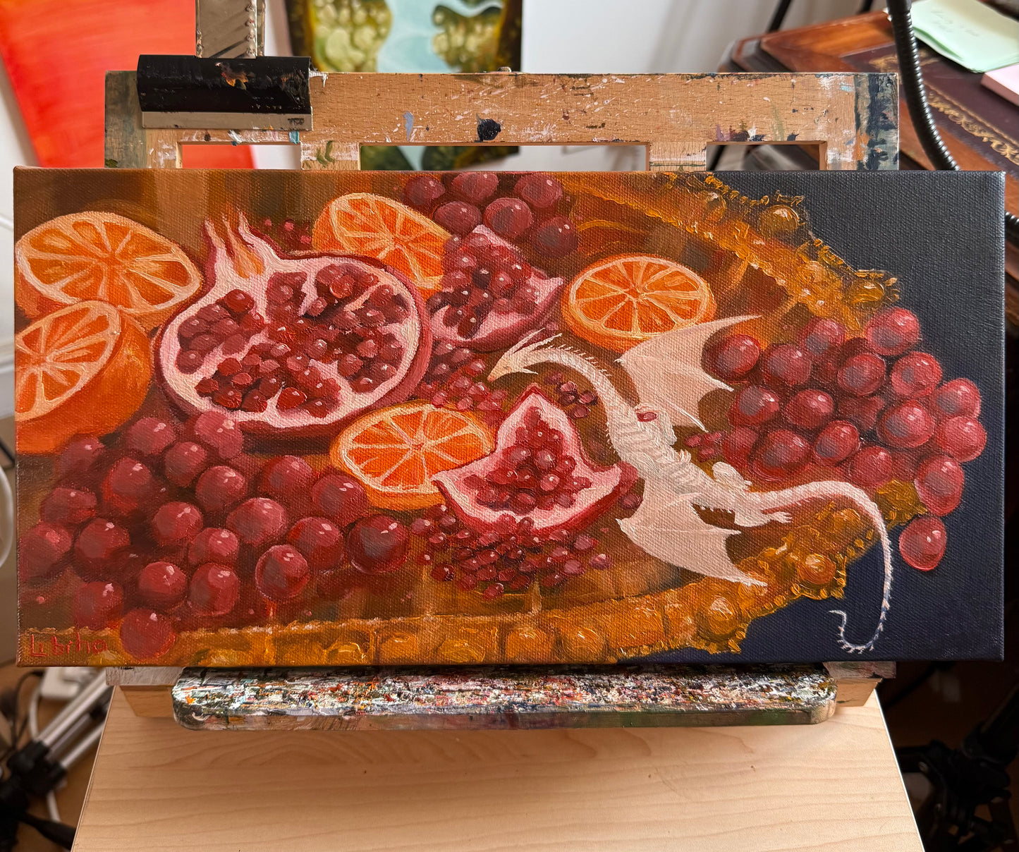 “Fruits with a Friend (Felicia)”, 7.9x15.75” oil original