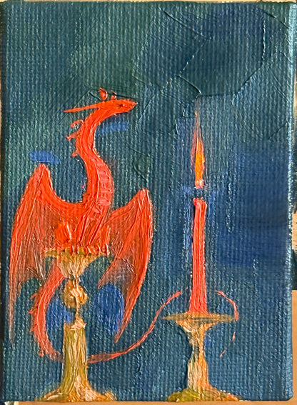 “Red Wrapped Candle” FRAMED 2.5x3.5” oil original