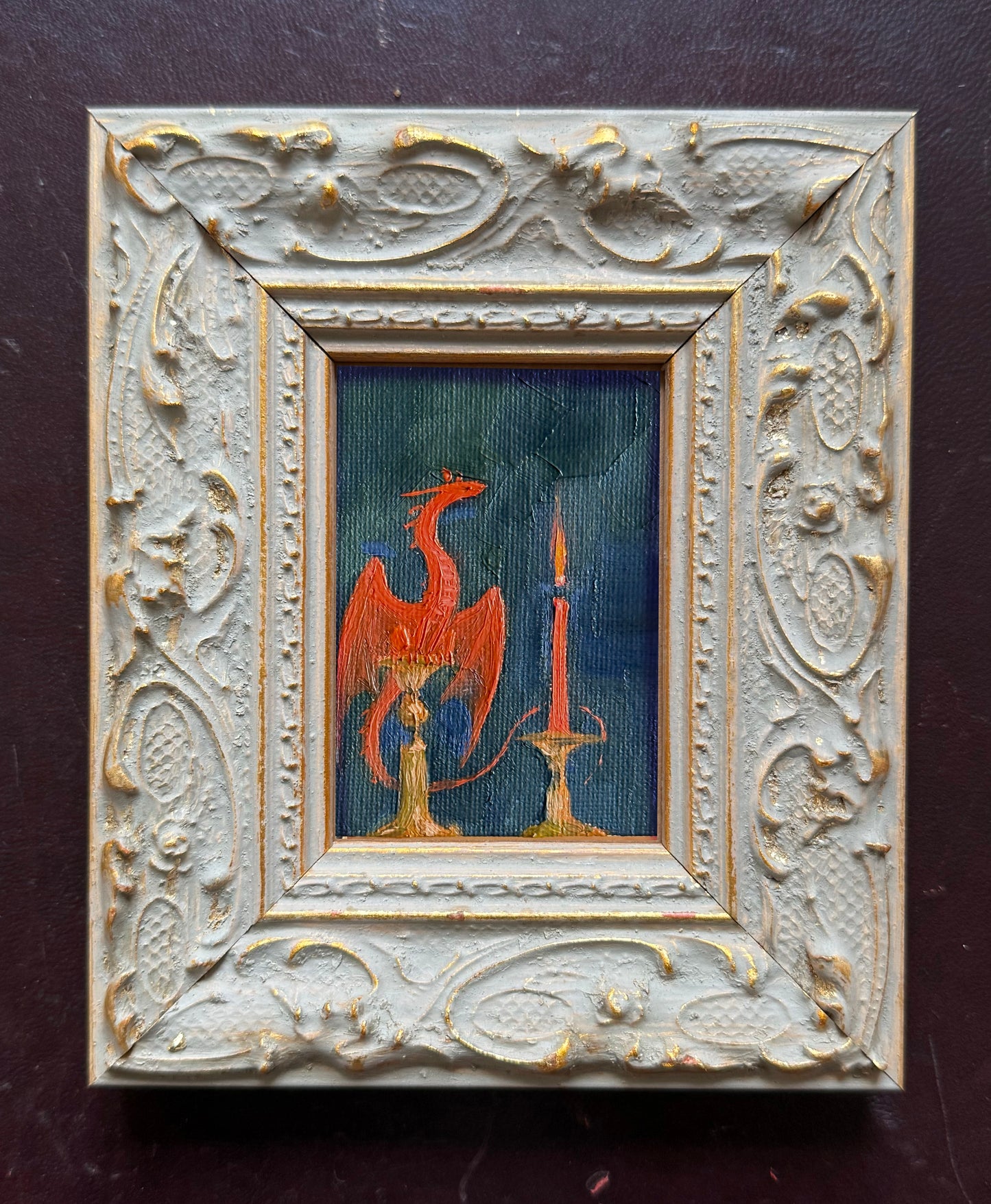 “Red Wrapped Candle” FRAMED 2.5x3.5” oil original