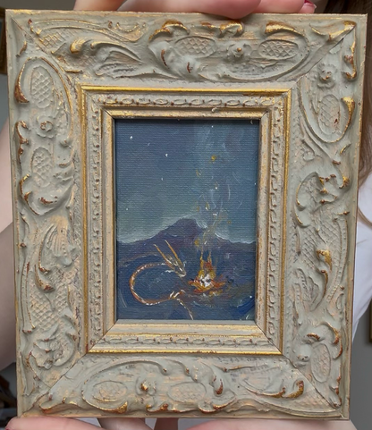“Campfire Silhouette” FRAMED 2.5x3.5” oil original